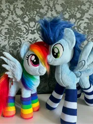 Size: 4284x5712 | Tagged: safe, artist:epicrainbowcrafts, artist:madi, derpibooru import, rainbow dash, soarin', pegasus, pony, clothes, female, image, jpeg, male, photo, plushie, shipping, soarindash, socks, straight