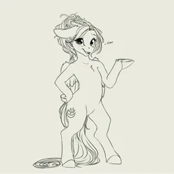 Size: 4000x4000 | Tagged: safe, artist:miokomata, derpibooru import, oc, oc:luna, unofficial characters only, pegasus, pony, bipedal, chest fluff, female, floppy ears, grayscale, hoof on hip, image, jpeg, lineart, looking at you, mare, monochrome, open mouth, open smile, simple background, smiling, smiling at you, solo, white background