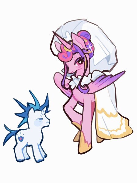 Size: 960x1280 | Tagged: safe, artist:4tws4, derpibooru import, princess cadance, shining armor, alicorn, pony, unicorn, clothes, dress, duo, duo male and female, female, g4, heart, heart eyes, height difference, hoof shoes, horn, image, jpeg, larger female, lidded eyes, male, mare, messy mane, princess shoes, raised hoof, redraw, ship:shiningcadance, shipping, size difference, smaller male, sparkles, stallion, straight, tail, unshorn fetlocks, wedding dress, wedding veil, wingding eyes, wings