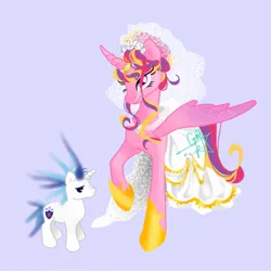 Size: 1024x1024 | Tagged: safe, artist:greecer20, derpibooru import, princess cadance, shining armor, alicorn, pony, unicorn, clothes, dress, duo, duo male and female, female, g4, height difference, hoof shoes, horn, horn ring, image, jewelry, jpeg, larger female, male, mare, messy mane, princess shoes, purple background, raised hoof, redraw, ring, ship:shiningcadance, shipping, signature, simple background, size difference, smaller male, stallion, straight, tail, wedding dress, wedding veil, wings