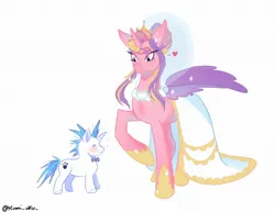 Size: 2048x1583 | Tagged: safe, artist:kimiokura, derpibooru import, princess cadance, shining armor, alicorn, pony, unicorn, :3, alternate hairstyle, blushing, bowtie, clothes, dot eyes, dress, duo, duo male and female, female, floating heart, g4, heart, height difference, hoof shoes, horn, image, jpeg, larger female, looking down, male, mare, messy mane, princess shoes, raised hoof, redraw, ship:shiningcadance, shipping, simple background, size difference, smaller male, sparkles, spread wings, stallion, straight, tail, toy interpretation, unshorn fetlocks, wedding dress, wedding veil, white background, wings