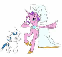 Size: 2048x1869 | Tagged: safe, artist:weeboobeeboo, derpibooru import, princess cadance, shining armor, alicorn, pony, unicorn, alternate hairstyle, bags under eyes, blush sticker, blushing, clothed ponies, clothes, dress, duo, duo male and female, female, g4, heart, heart eyes, height difference, hoof shoes, horn, image, jpeg, larger female, male, mare, messy mane, physique difference, princess shoes, raised hoof, redraw, ship:shiningcadance, shipping, simple background, size difference, slender, smaller male, smiling, stallion, straight, tail, tall, thin, toy interpretation, unshorn fetlocks, wedding dress, wedding veil, white background, wingding eyes, wings