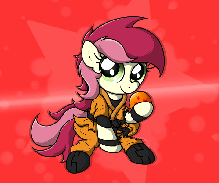 Size: 3450x2888 | Tagged: safe, artist:background basset, derpibooru import, roseluck, earth pony, pony, abstract background, clothes, crossover, dragon ball, dragon ball (object), dragon ball z, image, looking at you, png, redraw, robes, sitting, smiling, smiling at you, solo