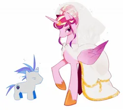 Size: 1698x1514 | Tagged: safe, artist:firemauer, derpibooru import, princess cadance, shining armor, alicorn, pony, unicorn, alternate hairstyle, bags under eyes, blushing, clothes, dress, duo, duo male and female, female, g4, height difference, hoof shoes, horn, horn ring, image, jewelry, jpeg, larger female, lidded eyes, male, mare, messy mane, princess shoes, raised hoof, redraw, ring, ship:shiningcadance, shipping, simple background, size difference, smaller male, sparkles, stallion, straight, tail, toy interpretation, wedding dress, wedding veil, white background, wings