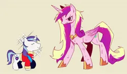 Size: 1582x924 | Tagged: safe, artist:firemauer, derpibooru import, princess cadance, shining armor, alicorn, pony, unicorn, blushing, clothes, duo, duo male and female, female, fierce, folded wings, g4, height difference, hoof shoes, horn, image, injured, jewelry, jpeg, larger female, lidded eyes, male, mare, messy mane, messy tail, peytral, princess shoes, redraw, regalia, ship:shiningcadance, shipping, simple background, size difference, smaller male, smiling, sparkles, stallion, straight, tail, tan background, uniform, wings