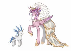 Size: 2048x1476 | Tagged: safe, artist:julibee, derpibooru import, princess cadance, shining armor, alicorn, pony, unicorn, 2024, alternate hairstyle, clothes, dress, duo, duo male and female, female, folded wings, g4, height difference, hoof shoes, horn, image, jpeg, larger female, lidded eyes, looking back, male, mare, messy mane, princess shoes, raised hoof, redraw, ship:shiningcadance, shipping, simple background, size difference, smaller male, smiling, stallion, straight, tail, toy interpretation, unshorn fetlocks, wedding dress, wedding veil, white background, wings