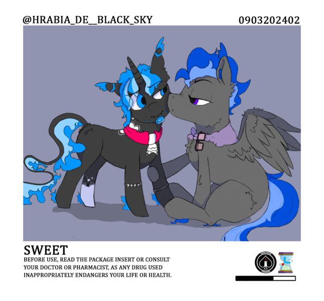 Size: 1400x1300 | Tagged: safe, artist:hrabiadeblacksky, derpibooru import, oc, oc:blezing smoke, oc:hrabia de black sky, unofficial characters only, hybrid, original species, pegasus, pony, unicorn, blue hair, dock, duo, glass, horn, image, kissing, male, oc x oc, png, shipping, stallion, tail, wings