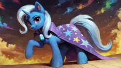 Size: 1920x1080 | Tagged: safe, ai content, derpibooru import, machine learning generated, stable diffusion, trixie, pony, unicorn, cape, clothes, cloud, female, g4, generator:purplesmart.ai, horn, image, looking at you, mare, png, smiling, solo, trixie's cape, unshorn fetlocks