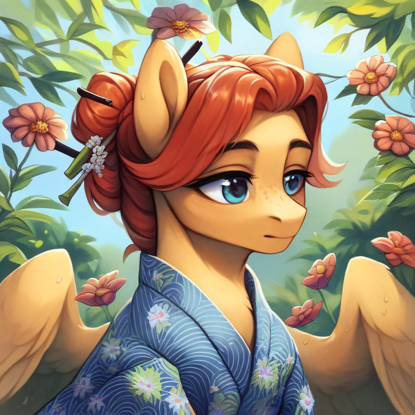 Size: 3072x3072 | Tagged: safe, ai content, derpibooru import, machine learning generated, stable diffusion, oc, pegasus, aqua eyes, flower, generator:purplesmart.ai, hair bun, image, male, orange hair, png, solo, solo male, yukata