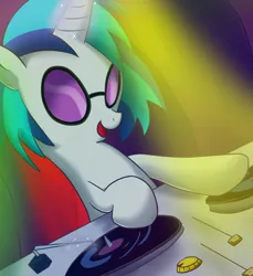 Size: 750x819 | Tagged: safe, artist:outcast010, derpibooru import, vinyl scratch, unicorn, g4, glasses, horn, image, png, solo, turntable