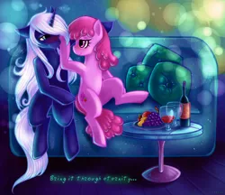 Size: 1076x930 | Tagged: suggestive, artist:limreiart, derpibooru import, berry punch, berryshine, oc, earth pony, unicorn, alcohol, belly, couch, food, fruit, g4, grapes, horn, image, jpeg, wine