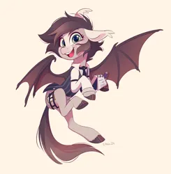 Size: 2713x2769 | Tagged: safe, artist:imalou, derpibooru import, oc, oc:news flash, unofficial characters only, bat pony, pony, bat pony oc, bat wings, clothes, commission, female, flying, image, jpeg, looking at you, mare, open mouth, open smile, simple background, smiling, smiling at you, solo, vest, wings