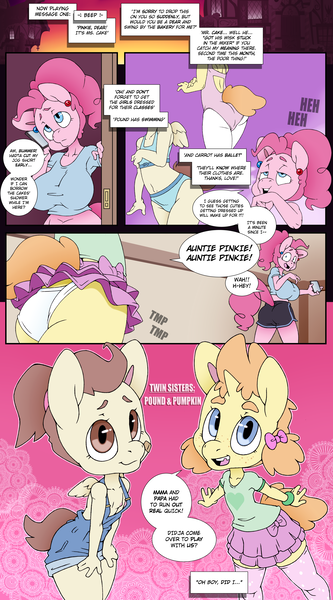 Size: 5000x9000 | Tagged: questionable, artist:clarabellecrow, banned from derpibooru, ponerpics import, ponybooru import, pinkie pie, pound cake, pumpkin cake, anthro, earth pony, pegasus, unicorn, ass, bandaid, big breasts, bracelet, breasts, busty pinkie pie, butt, clothes, comic, dialogue, ear piercing, earring, female, freckles, image, jewelry, leotard, lolicon, looking back, looking up, midriff, mobile phone, nipple slip, nipples, nudity, open mouth, open smile, overalls, panties, phone, piercing, pigtails, png, ponytail, rule 63, shirt, shorts, siblings, sisters, skirt, smiling, speech bubble, thigh socks, tooth gap, underage, underwear, upskirt, wardrobe malfunction