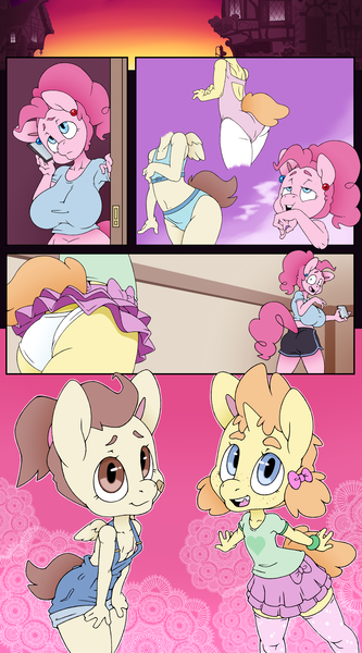 Size: 5000x9000 | Tagged: questionable, alternate version, artist:clarabellecrow, banned from derpibooru, ponerpics import, ponybooru import, pinkie pie, pound cake, pumpkin cake, anthro, earth pony, pegasus, unicorn, ass, bandaid, big breasts, bracelet, breasts, busty pinkie pie, butt, clothes, comic, ear piercing, earring, female, freckles, image, jewelry, leotard, lolicon, looking back, looking up, midriff, mobile phone, nipple slip, nipples, nudity, open mouth, open smile, overalls, panties, phone, piercing, pigtails, png, ponytail, rule 63, shirt, shorts, siblings, sisters, skirt, smiling, thigh socks, tooth gap, underage, underwear, upskirt, wardrobe malfunction