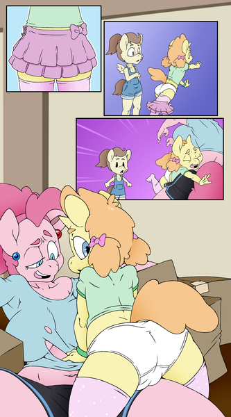 Size: 5000x9000 | Tagged: questionable, alternate version, artist:clarabellecrow, banned from derpibooru, ponerpics import, ponybooru import, pinkie pie, pound cake, pumpkin cake, anthro, earth pony, pegasus, plantigrade anthro, unicorn, age difference, ass, bandaid, big breasts, bracelet, breasts, busty pinkie pie, butt, cameltoe, clothes, comic, ear piercing, earring, female, freckles, image, jewelry, lidded eyes, lolicon, looking back, overalls, panties, piercing, png, rule 63, shirt, shorts, siblings, sisters, skirt, thigh socks, tooth gap, torn clothes, tripping, underage, underwear
