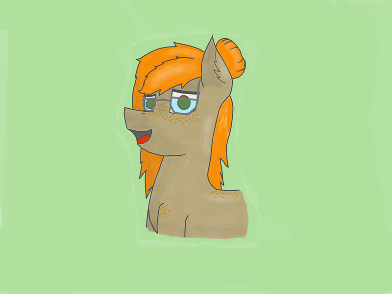 Size: 4080x3060 | Tagged: safe, artist:kokopingas98, derpibooru import, oc, oc:quick shelf, unofficial characters only, earth pony, pony, bust, cute, digital art, earth pony oc, female, glasses, hair bun, happy, image, looking at you, mature, png, redhead, simple background, smiling, smiling at you, solo, solo female