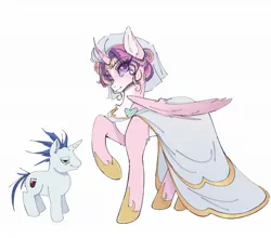 Size: 2048x1802 | Tagged: safe, artist:onyon, derpibooru import, princess cadance, shining armor, alicorn, pony, unicorn, 2024, alternate cutie mark, alternate hairstyle, bags under eyes, chest fluff, clothes, countershading, dress, duo, duo male and female, female, g4, height difference, hoof shoes, horn, image, jpeg, larger female, lidded eyes, looking at you, male, mare, messy mane, messy tail, physique difference, princess shoes, raised hoof, redraw, ship:shiningcadance, shipping, simple background, size difference, slender, smaller male, smiling, stallion, straight, tail, thin, toy interpretation, wedding dress, wedding veil, white background, wings