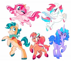 Size: 2048x1752 | Tagged: safe, artist:cr4sh_k1d, derpibooru import, hitch trailblazer, izzy moonbow, pipp petals, sunny starscout, zipp storm, earth pony, pegasus, pony, unicorn, g5, alternate design, coat markings, countershading, diverse body types, eyeshadow, goggles, height difference, horn, image, jewelry, jpeg, makeup, mane five, physique difference, redesign, stylized, tiara, unshorn fetlocks