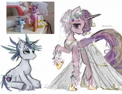Size: 2048x1580 | Tagged: safe, artist:yashinoki____, derpibooru import, princess cadance, shining armor, alicorn, pony, unicorn, 2024, alternate hairstyle, clothes, concave belly, dress, female, flower, flower in hair, folded wings, g4, height difference, hoof shoes, horn, image, jewelry, jpeg, larger female, lidded eyes, long tail, male, mare, messy mane, necklace, photo reference, physique difference, princess shoes, raised hoof, redraw, ship:shiningcadance, shipping, signature, sitting, size difference, slender, smaller male, stallion, straight, tail, tall, thin, toy interpretation, unshorn fetlocks, wedding dress, wedding veil, wings