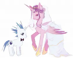 Size: 2048x1625 | Tagged: safe, artist:blue_riajii, derpibooru import, princess cadance, shining armor, alicorn, pony, unicorn, 2024, alternate hairstyle, bowtie, clothes, dress, duo, duo male and female, female, folded wings, g4, height difference, hoof shoes, horn, horn jewelry, image, jewelry, jpeg, larger female, lidded eyes, male, mare, messy mane, messy tail, physique difference, princess shoes, raised hoof, redraw, ship:shiningcadance, shipping, simple background, size difference, slender, smaller male, stallion, straight, tail, tall, thin, toy interpretation, unshorn fetlocks, wedding dress, wedding veil, white background, wings