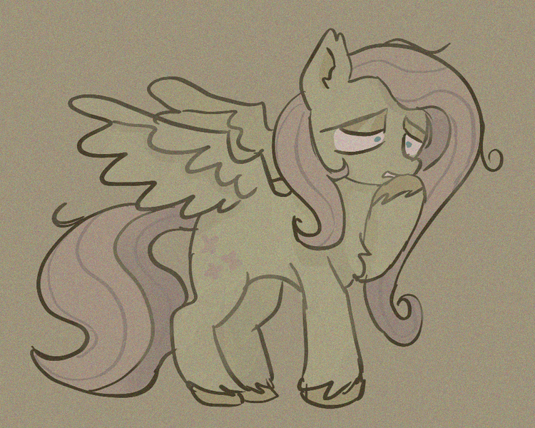 Size: 924x739 | Tagged: safe, artist:clandestine, derpibooru import, fluttershy, pegasus, pony, chest fluff, colored pinnae, cutie mark, derpibooru exclusive, desaturated, ear fluff, g4, image, lidded eyes, nervous, pink mane, pink tail, png, solo, standing, tail, unshorn fetlocks, wings