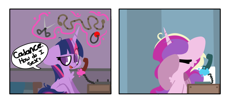 Size: 10000x4500 | Tagged: suggestive, artist:moonydusk, derpibooru import, princess cadance, twilight sparkle, alicorn, pony, unicorn, 2 panel comic, absurd resolution, ballgag, cheek fluff, chest fluff, comic, dialogue, facehoof, floppy ears, g4, gag, image, magic, magic aura, phone, png, rope, scissors, sitting, speech bubble, telekinesis, unicorn twilight