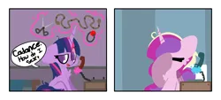 Size: 10000x4500 | Tagged: suggestive, artist:moonydusk, derpibooru import, princess cadance, twilight sparkle, alicorn, pony, unicorn, 2 panel comic, absurd resolution, ballgag, cheek fluff, chest fluff, comic, dialogue, facehoof, floppy ears, g4, gag, image, magic, magic aura, phone, png, rope, scissors, sitting, speech bubble, telekinesis, unicorn twilight