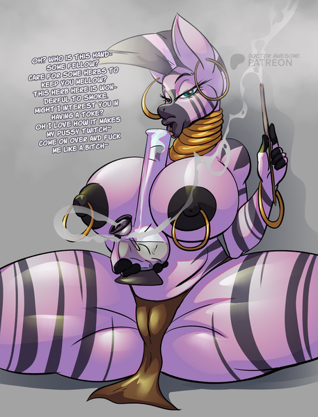 Size: 1676x2199 | Tagged: questionable, artist:thebigbadwolf01, derpibooru import, zecora, anthro, pony, unguligrade anthro, zebra, big breasts, bong, breasts, busty zecora, cameltoe, clothes, dialogue, ear piercing, female, huge breasts, image, loincloth, mare, nipple piercing, nipples, nudity, partial nudity, piercing, png, rhyme, solo, solo female, spread legs, spreading, topless