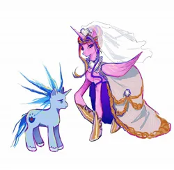 Size: 2048x2004 | Tagged: safe, artist:chuuchuusuki, derpibooru import, princess cadance, shining armor, alicorn, pony, unicorn, 2024, alternate hairstyle, bags under eyes, clothes, dress, duo, duo male and female, female, folded wings, g4, height difference, hoof shoes, horn, image, jpeg, larger female, lidded eyes, male, mare, messy mane, mlp infection, princess shoes, raised hoof, redraw, ship:shiningcadance, shipping, simple background, size difference, smaller male, stallion, straight, tail, the bride and the ugly ass groom, toy interpretation, unshorn fetlocks, wedding dress, wedding veil, white background, wings