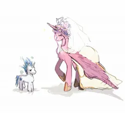 Size: 2048x1853 | Tagged: safe, artist:fizzbitet, derpibooru import, princess cadance, shining armor, alicorn, pony, unicorn, 2024, alternate hairstyle, clothes, dress, duo, duo male and female, female, g4, height difference, hoof shoes, horn, image, jpeg, larger female, male, mare, messy mane, princess shoes, raised hoof, redraw, ship:shiningcadance, shipping, simple background, size difference, smaller male, smiling, sparkles, stallion, stink lines, straight, swirls, tail, the bride and the ugly ass groom, toy interpretation, unshorn fetlocks, wedding dress, wedding veil, white background, wings