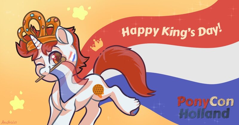 Size: 1200x628 | Tagged: safe, artist:ponyconholland, derpibooru import, oc, oc:stroopwafeltje, unofficial characters only, crown, flag, gradient background, image, jewelry, jpeg, netherlands, ponycon holland, regalia, solo