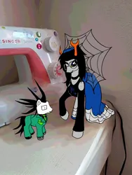 Size: 1536x2048 | Tagged: safe, artist:franticbegetter, derpibooru import, edit, ponified, earth pony, pony, blue lipstick, clothes, draw over, dress, duo, duo male and female, edited photo, female, glasses, height difference, homestuck, image, john egbert, jpeg, larger female, lipstick, male, mare, messy mane, necktie, photo, raised hoof, redraw, sewing machine, shipping, size difference, smaller male, stallion, straight, suit, tail, vriska serket