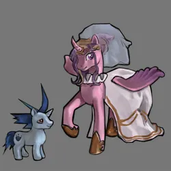 Size: 2048x2048 | Tagged: safe, artist:mephistuff, derpibooru import, princess cadance, shining armor, alicorn, pony, unicorn, 2024, alternate hairstyle, clothes, dress, duo, duo male and female, female, g4, gray background, height difference, hoof shoes, horn, horn ring, image, jewelry, jpeg, larger female, male, mare, messy mane, princess shoes, raised hoof, redraw, ring, ship:shiningcadance, shipping, simple background, size difference, smaller male, smiling, stallion, straight, tail, the bride and the ugly ass groom, toy interpretation, wedding dress, wedding veil, wings