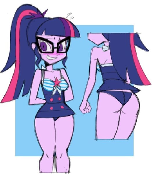 Size: 720x825 | Tagged: suggestive, artist:brolycoochie, derpibooru import, sci-twi, twilight sparkle, human, equestria girls, blushing, butt, clothes, emanata, female, g4, image, jpeg, large butt, low quality, passepartout, sci-twibutt, simple background, solo, solo female, swimsuit, twibutt