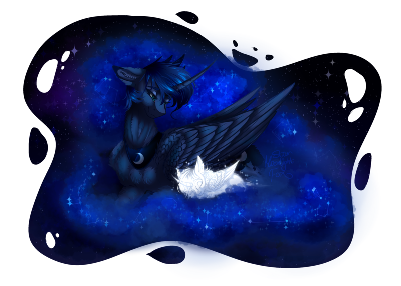 Size: 3500x2500 | Tagged: safe, artist:starmoonlightfox, derpibooru import, princess luna, oc, alicorn, pony, beautiful, blue eyes, blue mane, blue tail, commission, digital art, duo, duo female, ethereal mane, ethereal tail, eyeshadow, feather, female, filly, flowing mane, flowing tail, foal, folded wings, frown, g4, high res, hoof shoes, horn, image, lonely, looking down, lying down, makeup, mare, moon, night, png, sad, simple background, sleeping, solo, sparkles, starry mane, starry tail, stars, tail, transparent background, unamused, wings