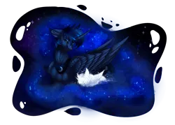 Size: 3500x2500 | Tagged: safe, artist:starmoonlightfox, derpibooru import, princess luna, oc, alicorn, pony, beautiful, blue eyes, blue mane, blue tail, commission, digital art, duo, duo female, ethereal mane, ethereal tail, eyeshadow, feather, female, filly, flowing mane, flowing tail, foal, folded wings, frown, g4, high res, hoof shoes, horn, image, lonely, looking down, lying down, makeup, mare, moon, night, png, sad, simple background, sleeping, solo, sparkles, starry mane, starry tail, stars, tail, transparent background, unamused, wings