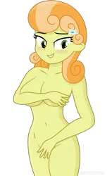Size: 2048x3218 | Tagged: suggestive, artist:starcollider, derpibooru import, junebug, human, equestria girls, .svg available, blush sticker, blushing, breasts, busty junebug, complete nudity, covering, covering breasts, covering crotch, derpibooru exclusive, equestria girls-ified, female, flower, flower in hair, image, looking at you, nudity, png, seductive look, simple background, solo, solo female, transparent background, vector