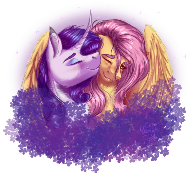 Size: 2182x2000 | Tagged: safe, artist:starmoonlightfox, derpibooru import, fluttershy, rarity, pegasus, pony, unicorn, blue mane, blushing, bust, curved horn, digital art, duo, duo female, ethereal mane, eyes closed, eyeshadow, feather, female, flarity, folded wings, g4, happy, high res, horn, image, kissing, lesbian, lidded eyes, looking at each other, looking at someone, makeup, mare, one eye closed, pink mane, png, portrait, requested art, shipping, signature, simple background, smiling, smiling at each other, sparkles, speedpaint, starry mane, starry tail, stars, tail, transparent background, wings