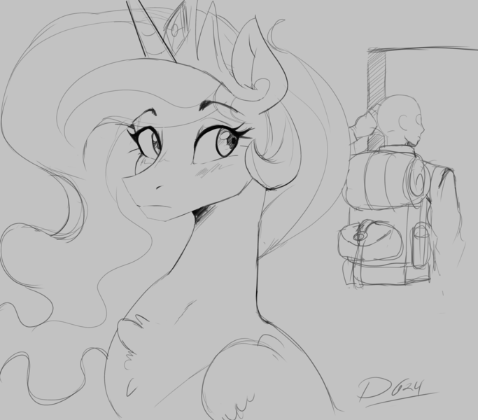 Size: 3300x2900 | Tagged: safe, artist:thelunarmoon, derpibooru import, princess celestia, oc, oc:anon, alicorn, human, pony, bust, chest fluff, duo, duo male and female, ethereal mane, female, folded wings, gray background, grayscale, human male, image, looking back, male, mare, monochrome, png, simple background, sketch, slender, thin, wings