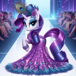 Size: 1024x1024 | Tagged: safe, ai content, derpibooru import, machine learning generated, prompter:unholyslurry, rarity, pony, unicorn, clothes, dress, eyeshadow, fashion show, female, hat, horn, image, jpeg, lidded eyes, makeup, mare, raised hoof, smiling, solo focus