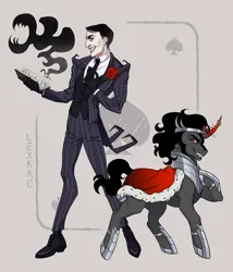 Size: 2737x3200 | Tagged: safe, artist:lexkko, derpibooru import, king sombra, human, pony, umbrum, unicorn, book, dark magic, don't starve together, duo, evil grin, grin, horn, image, looking at each other, looking at someone, magic, male, maxwell, playing card, png, smiling, spade, stallion