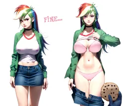 Size: 1203x1024 | Tagged: suggestive, ai content, derpibooru import, machine learning generated, prompter:hqdmusthave, rainbow dash, human, equestria girls, rainbow rocks, big breasts, bra, breasts, busty rainbow dash, clothes, cookie, denim, denim skirt, female, food, g4, image, jacket, looking at you, nudity, panties, pink underwear, png, presenting, presenting breasts, presenting pussy, simple background, skirt, solo, solo female, standing, stupid sexy rainbow dash, text, underwear, vulva, white background