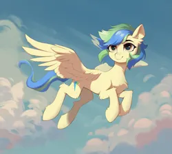 Size: 3258x2919 | Tagged: safe, artist:770418gyygy, derpibooru import, oc, unofficial characters only, pegasus, pony, cloud, flying, gift art, image, pegasus oc, png, sky, solo, wings