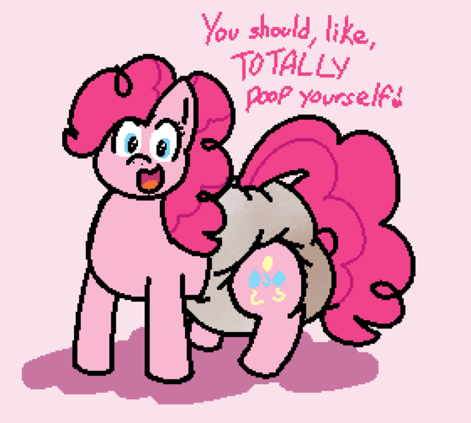 Size: 1120x1004 | Tagged: questionable, artist:sheepypoof, derpibooru import, pinkie pie, earth pony, pony, dialogue, diaper, diaper fetish, female, fetish, image, looking at you, low quality, mare, messy diaper, open mouth, open smile, png, poofy diaper, simple background, smiling, solo