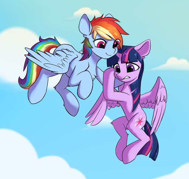 Size: 5022x4744 | Tagged: safe, artist:770418gyygy, derpibooru import, rainbow dash, twilight sparkle, twilight sparkle (alicorn), alicorn, pegasus, pony, absurd resolution, chest fluff, cloud, duo, duo female, female, first flight, flying, flying lesson, g4, holding on, horn, image, jpeg, leg fluff, lesbian, mare, nervous, outdoors, scared, shipping, sky, smiling, twidash, wings