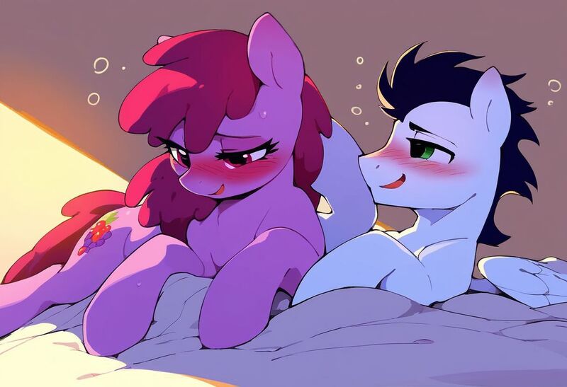 Size: 1216x832 | Tagged: suggestive, ai content, derpibooru import, machine learning generated, stable diffusion, berry punch, berryshine, soarin', earth pony, pegasus, pony, bed, blushing, drunk, duo, generator:pony diffusion v6 xl, image, jpeg, laying on bed, lying down, on bed, shipping, smiling