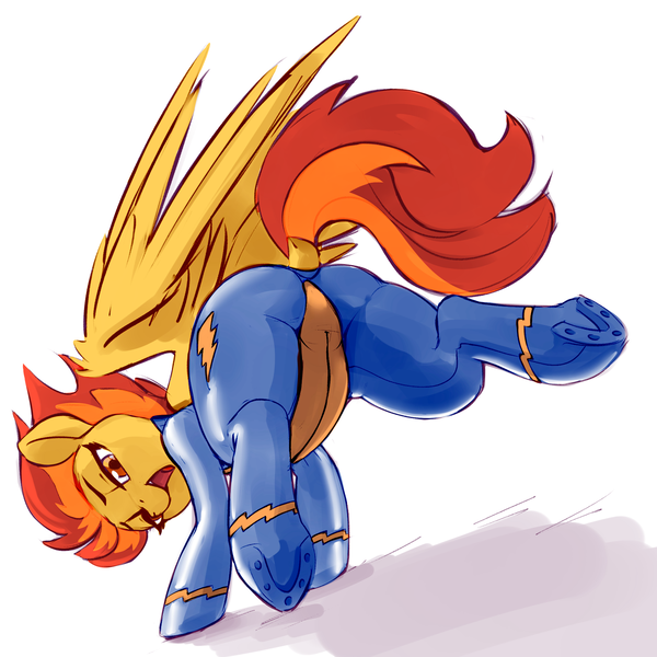 Size: 2000x2000 | Tagged: suggestive, artist:dimfann, color edit, derpibooru import, edit, spitfire, pegasus, pony, butt, clothes, colored, dock, featureless crotch, female, image, lidded eyes, looking at you, mare, plot, png, solo, solo female, tail, underhoof, uniform, wonderbolts uniform