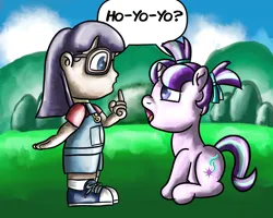 Size: 3000x2400 | Tagged: safe, artist:saburodaimando, derpibooru import, starlight glimmer, human, pony, unicorn, akira toriyama, clothes, crossover, dialogue, dr. slump, duo, duo female, female, filly, filly starlight glimmer, g4, glasses, high res, horn, image, looking at each other, looking at someone, norimaki arale, open mouth, overall shorts, pigtails, png, raised finger, rest in peace, shirt, shoes, sitting, sneakers, socks, speech bubble, standing, tribute, younger