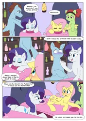Size: 2894x4093 | Tagged: suggestive, artist:auroramint, artist:shoelace, derpibooru import, part of a set, fluttershy, rarity, pegasus, pony, unicorn, comic:rarity's delight, butt, comic, commission, horn, image, imminent vore, massage, png, this will end in vore