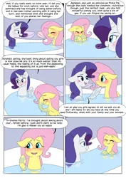 Size: 2894x4093 | Tagged: suggestive, artist:auroramint, artist:shoelace, derpibooru import, part of a set, fluttershy, rarity, pegasus, pony, unicorn, comic:rarity's delight, blushing, comic, commission, embarrassed, horn, image, imminent vore, implied scat, implied vore, png, this will end in vore